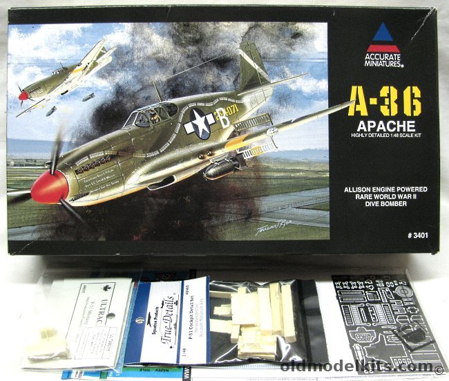 Accurate Miniatures 1/48 A-36 Apache + Eduard PE + True Details Cockpit + Ultracast Seat - Allison Powered Dive Bomber, 3401 plastic model kit